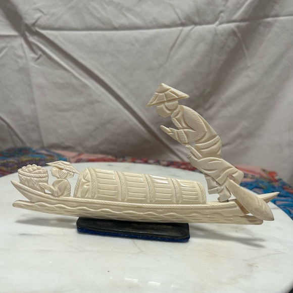 Scrimshaw Bone carvingAsian boat scene vintage